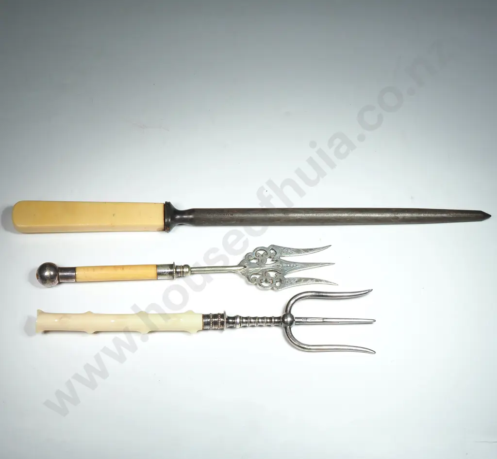 Two Antique Bread Forks, & a Bone Handled Knife Sharpening Steel. Image 1++