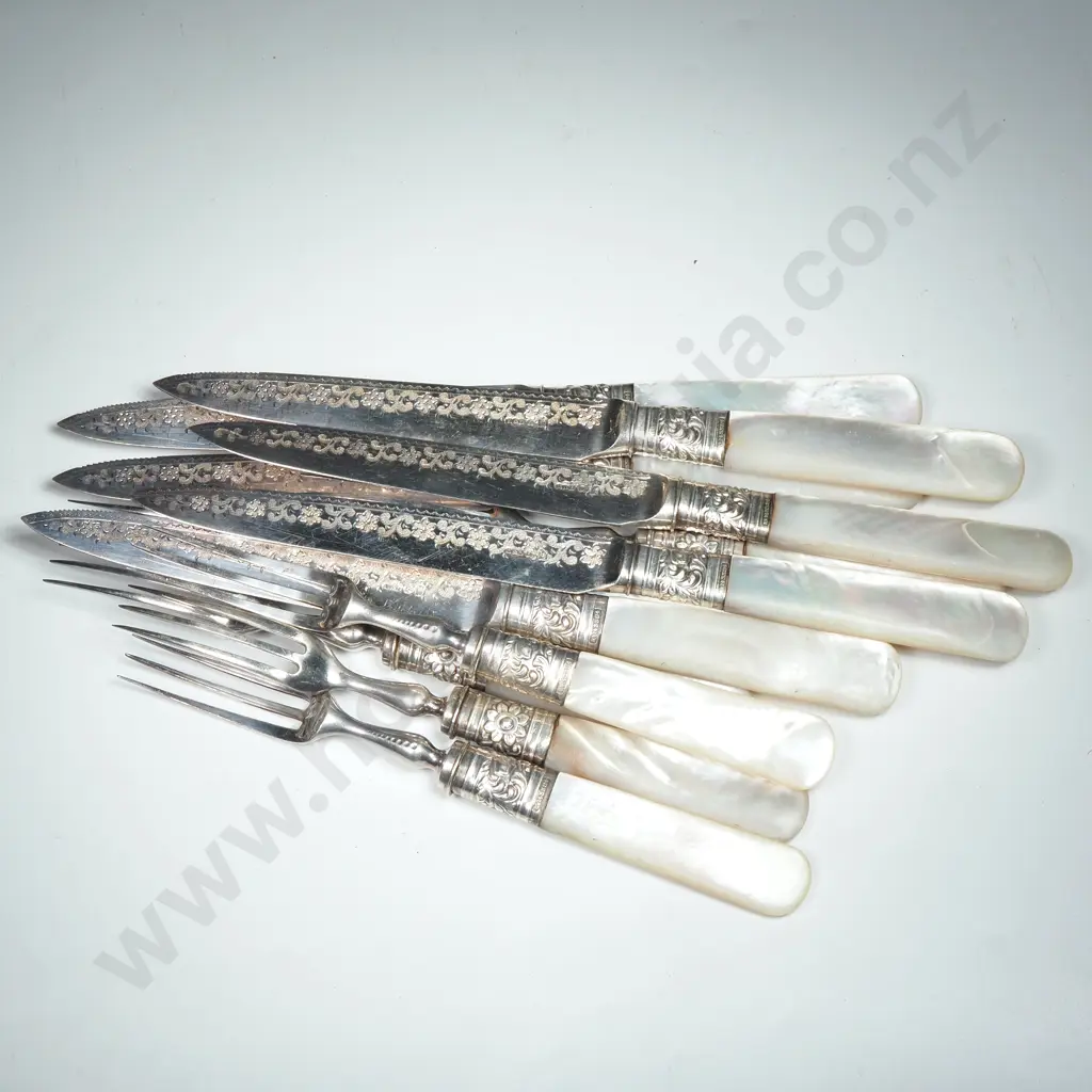 Set of Six Mother of Pearl & Silver Plate Dessert Knives & Forks Image 1++