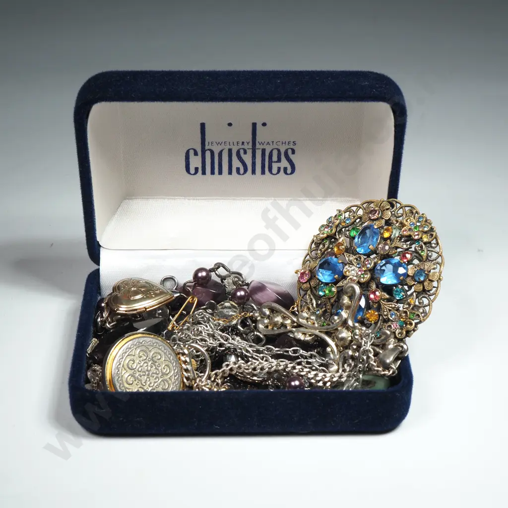 Box Containing Vintage Costume Jewellery Including Brooch, Cross, & Jade Coloured Pendant.  Image 1++