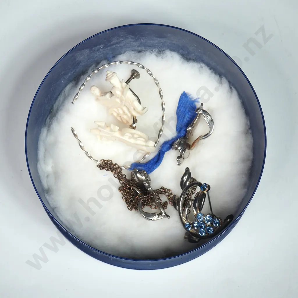 Costume Jewellery including Bone Earring in the Form of Richshaws, Sterling Silver & Marcasite Earrings & A Brooch Image 1++