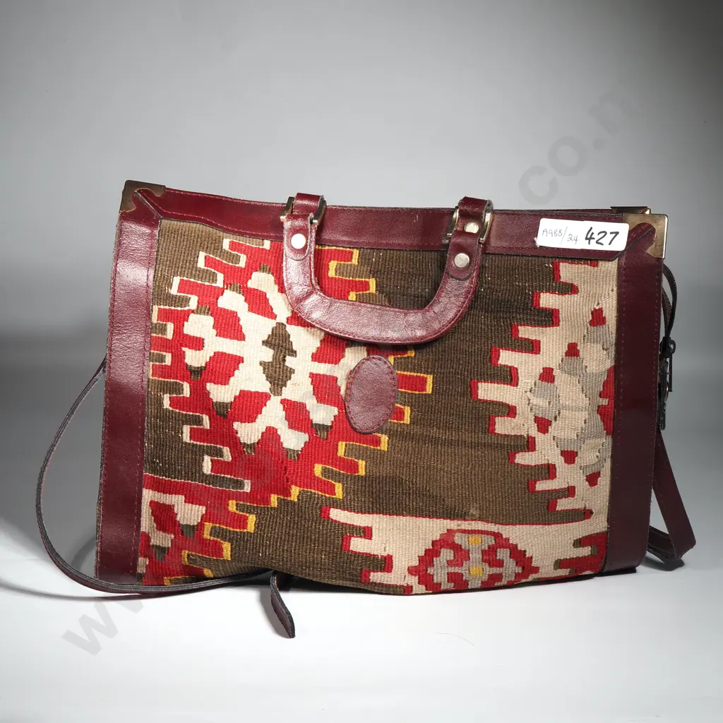 Small Kilim Satchel w Leather Trim & Shoulder Strap, Pair of Silk Stockings & Pair Of Yellow Mesh  Gloves Image 1++