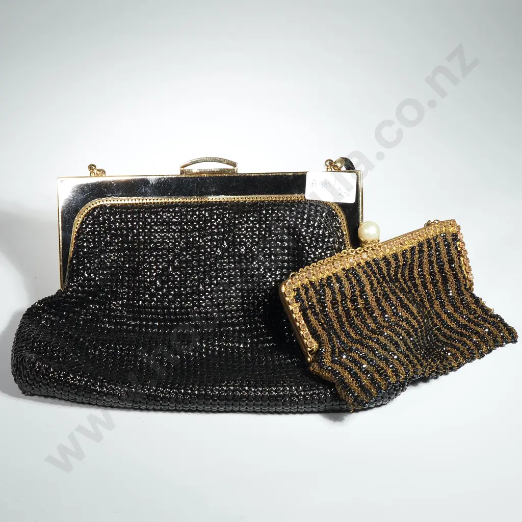 Evening Bag Made By Australian Parklane In Black Regal Mesh. Circa 1960s & Small Gold Mesh Evening Bag (A/F) Image 1++