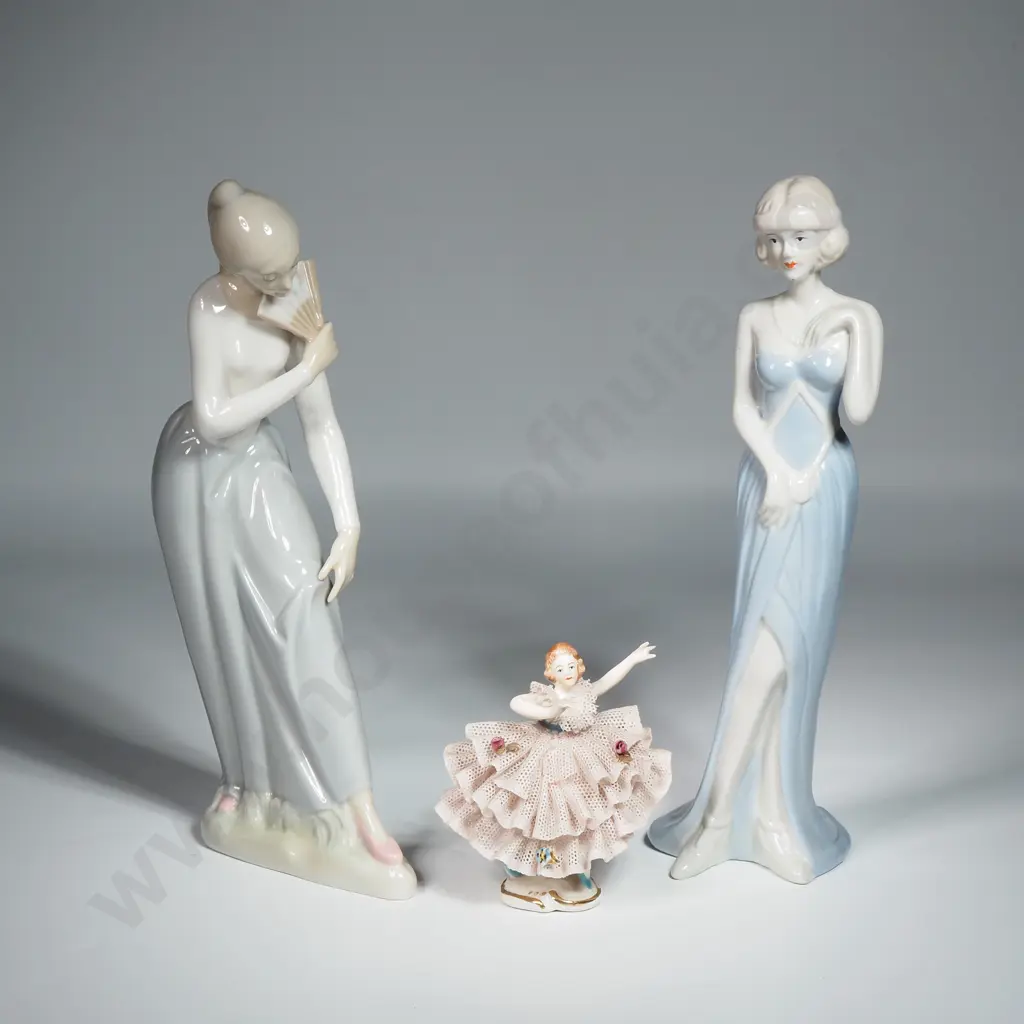 Porcelain Figure of a Lady w a Fan w A Dresden Ballerina Figure & One Other Image 1++