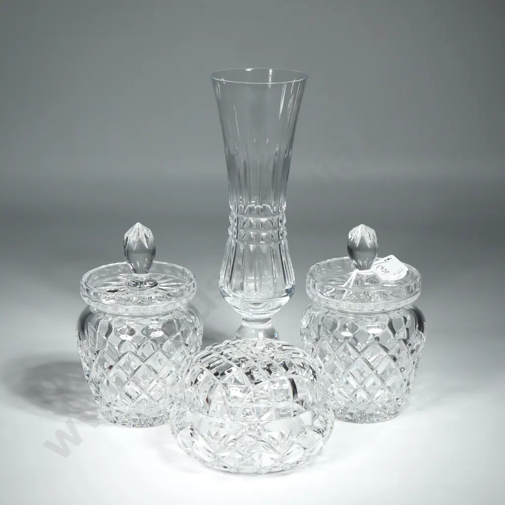 Two Crystal Jam Jelly Jars. Waisted Crystal Bud Vase & a Crystal Powder Bowl Image 1++