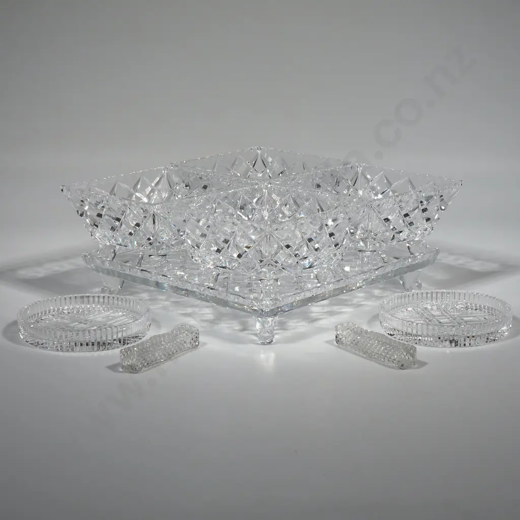 Square Design Crystal Glass Serving Tray with Square Bowl Dishes, Two Crystal Carving Rests & Two Crystal Jam Dishes. Image 1++