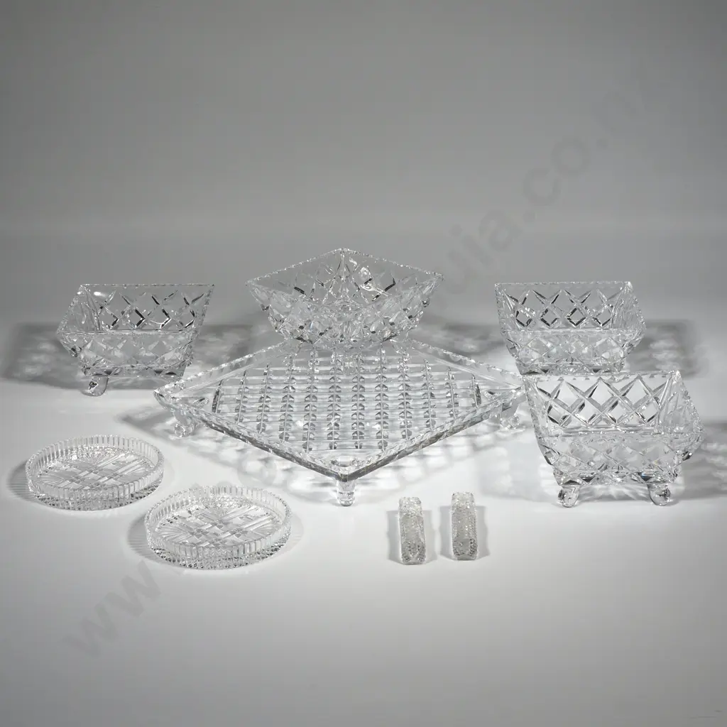 Square Design Crystal Glass Serving Tray with Square Bowl Dishes, Two Crystal Carving Rests & Two Crystal Jam Dishes. Image 1++