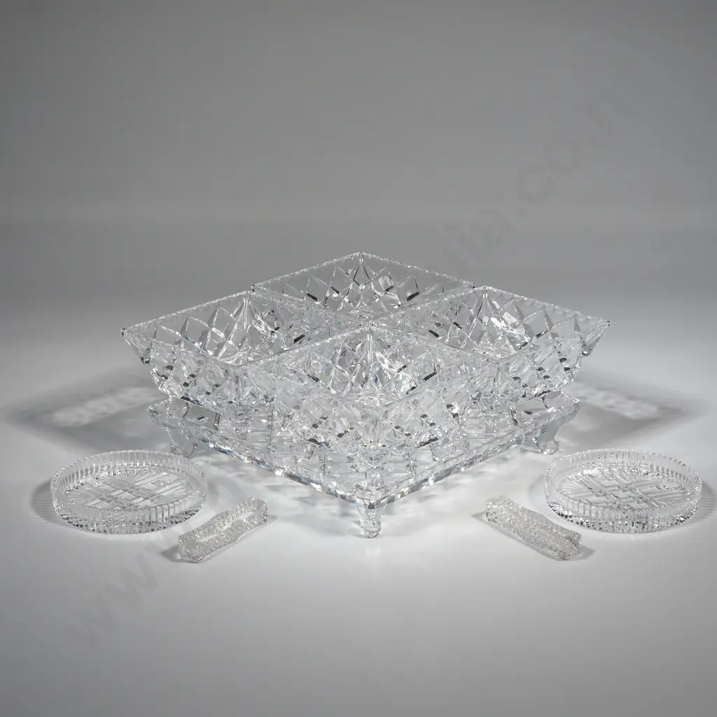 Square Design Crystal Glass Serving Tray with Square Bowl Dishes, Two Crystal Carving Rests & Two Crystal Jam Dishes. Image 1++