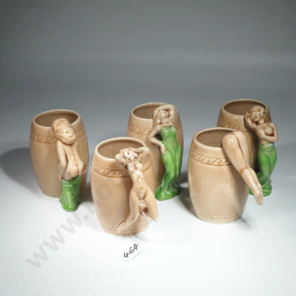 Vintage Japanese Nude Strip Tease Mug Set Dorothy Kindell Style Set Of 5 Barrel Shaped Mugs with Green Dress Image 1++