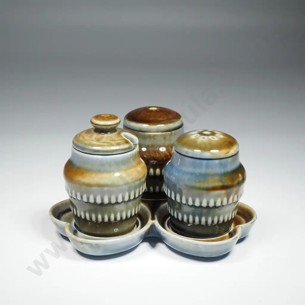 Irish Porcelain Condiment Set with Salt, Pepper & Mustard Resting on A Shamrock Shaped Tray  Image 1++