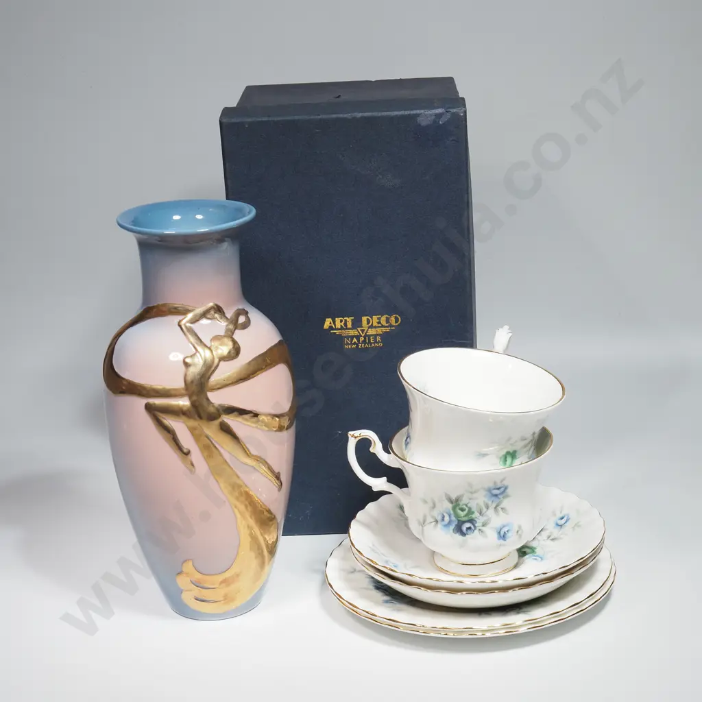 Boxed  Art Deco Style Vase w Stylized Naked Female Figure in Gilt  &Two Art Deco Royal Albert 'Inspiration' Trios Image 1++