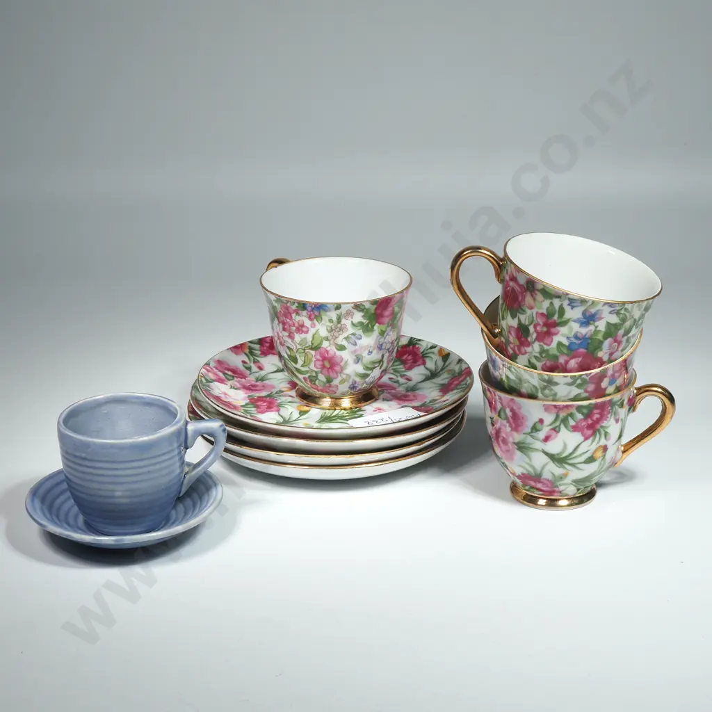 Four Japanese Floral Demi-Tasse Cups & Saucers & A Blue Pottery Ribbed Demi Tasse Cup & Saucer  Image 1++