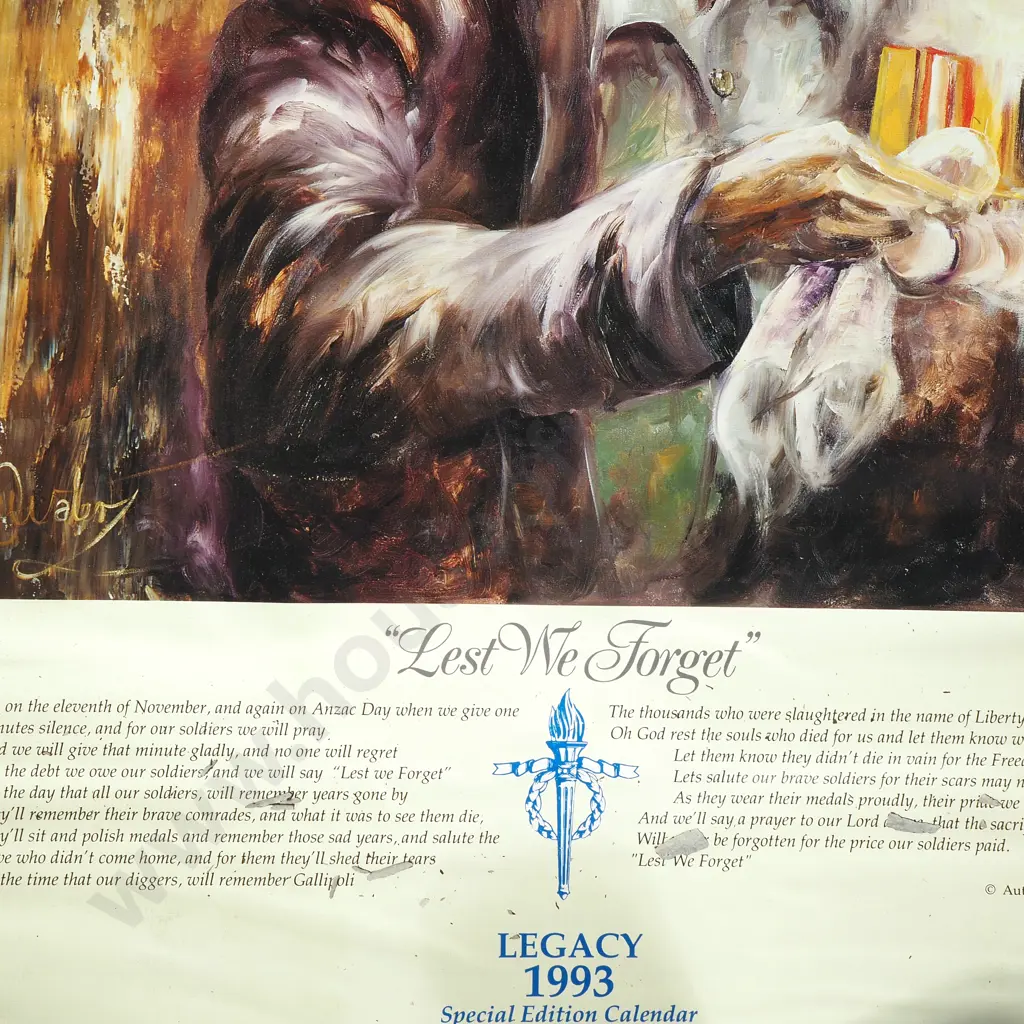 The "Donald James Waters Lest We Forget Calendar For 1993 (Burnt) Image 1++