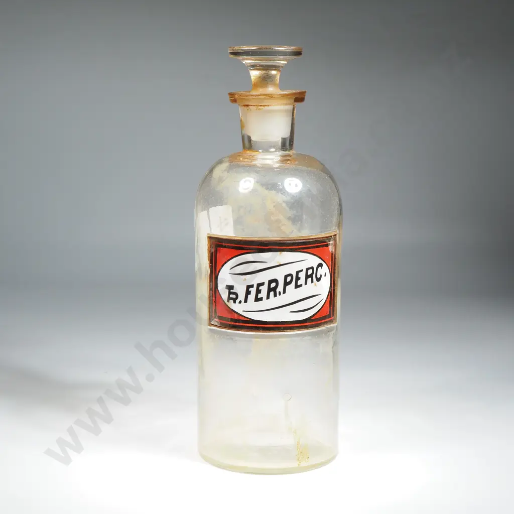 Antique Glass Pharmacy Bottle w Stopper Labelled Tr. Fer.Perc. Image 1++