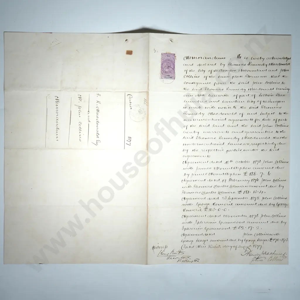 Memorandum - Wellington New Zealand - 1877 _ Stamp Duty Image 1++