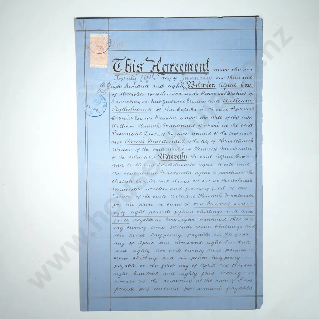 Agreement - Temuka New Zealand - 1881 - Stamp Duty Image 1++
