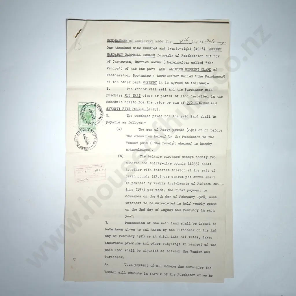 Memorandum of Agreement - Featherston New Zealand - 1928 - Stamp Duty Image 1++