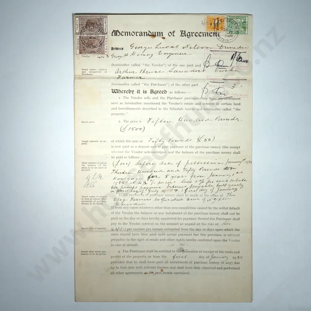 Memorandum of Agreement - Dunedin New Zealand - 1935 - Stamp Duty Image 1++
