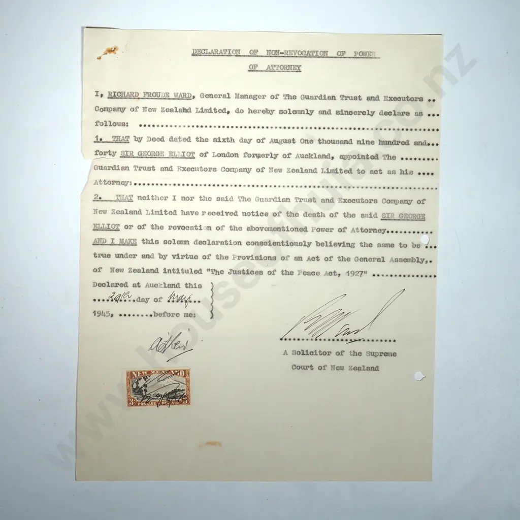 Declaration of Non-Revocation of Power of Attorney - Auckland New Zealand - 1940 - Stamp Duty Image 1++