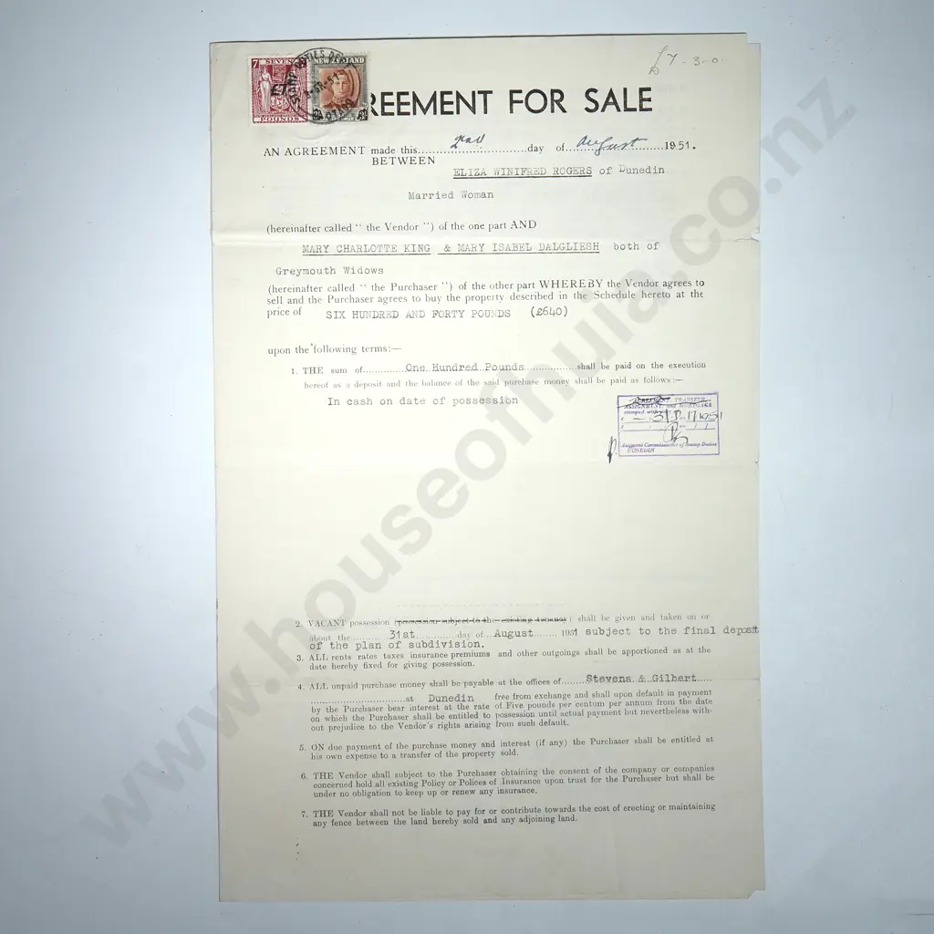 Agreement for Sale - Dunedin New Zealand - 1951 - Stamp Duty Image 1++