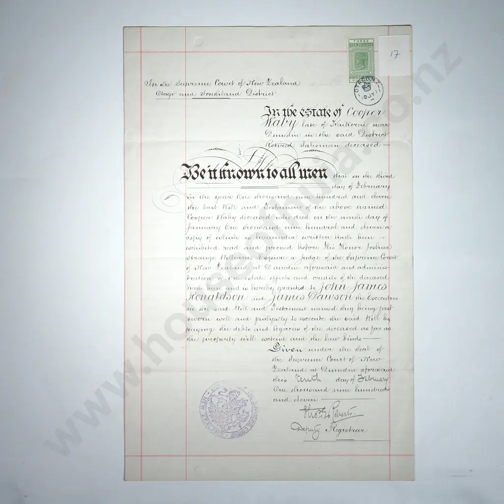 Estate - Otago/Southland New Zealand - 1911 - Stamp Duty Image 1++