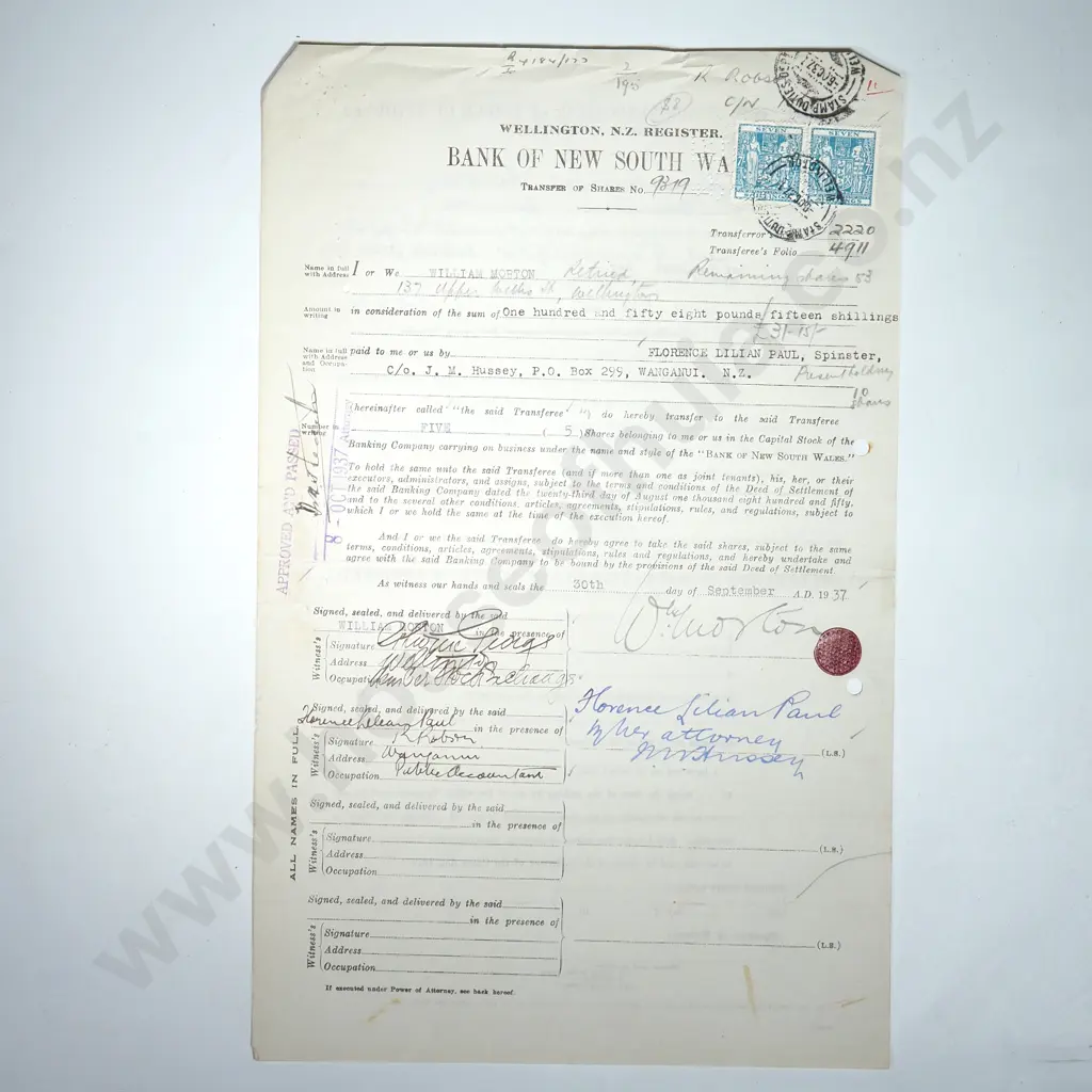 Declaration of Non-Revocation of Power of Attorney - Wanganui New Zealand - 1937 - Stamp Duty Image 1++