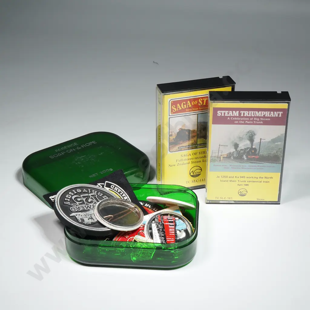 Quantity of Train Related Badges & Two Cassettes About Trains - Steam Triumphant & Saga of Steam Image 1++