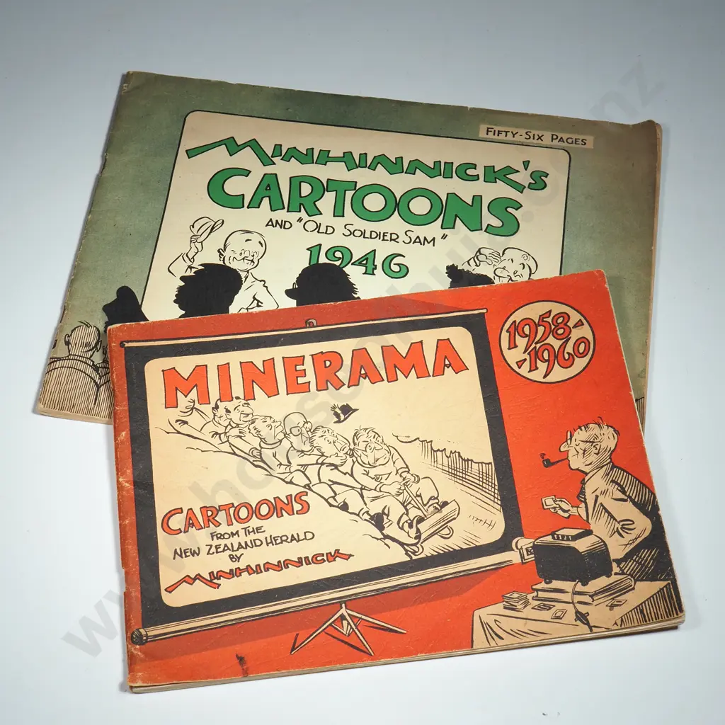 Two Minhinnicks Cartoons Soft Cover Books - Minerama Cartoons From The NZ Herald & Minhinnicks Cartoon & Old Soldier Sam Image 1++