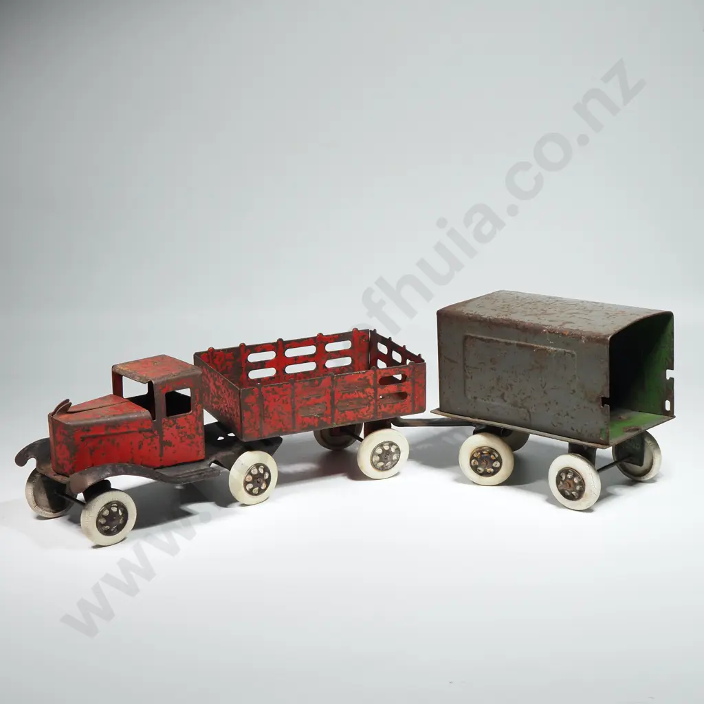 1930s Wyandotte Pressed Steel Stake Truck w Rooster Comb Trailer & A Covered Trailer Image 1++
