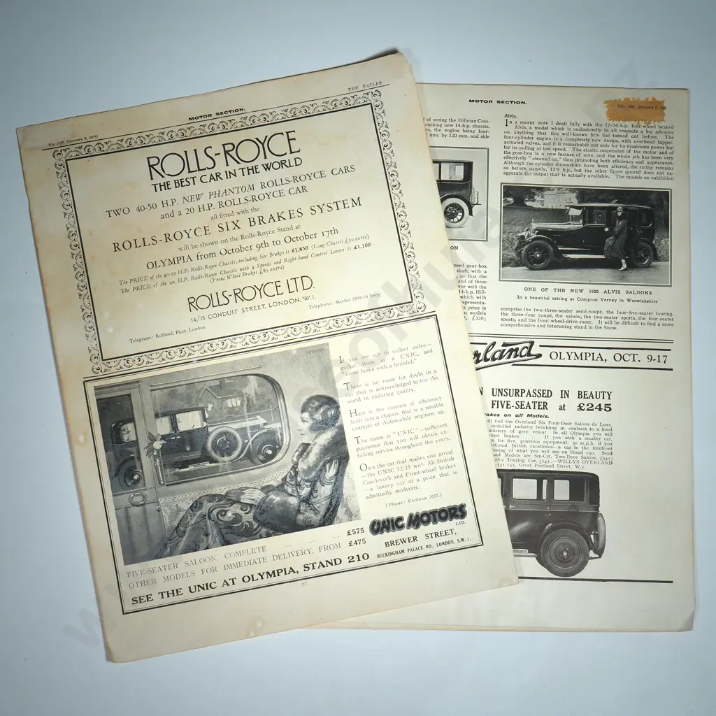 Four Pages from the Tatler Magazine Featuring Advertisements for Several Cars Image 1++