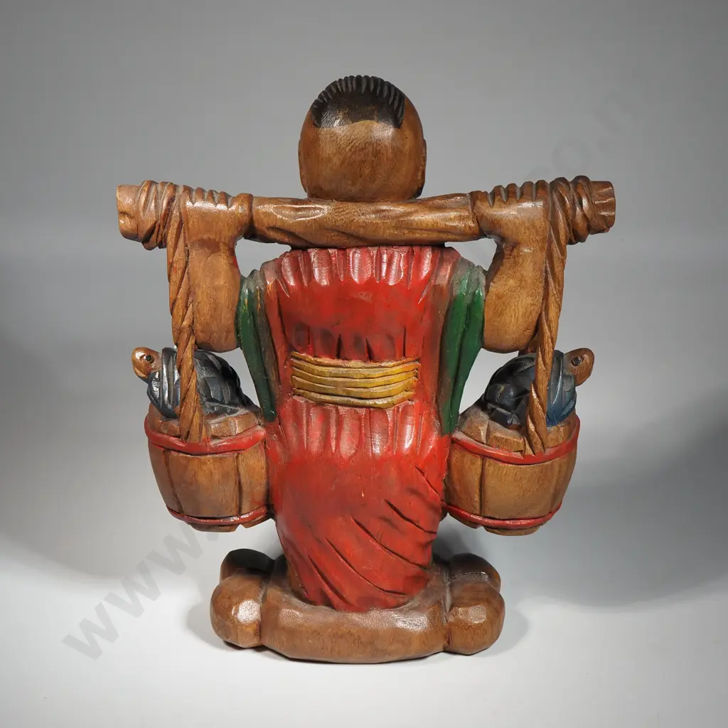Vintage Wooden Figure Depicting a Asian Farmer Carrying Baskets of Fruit Image 1++