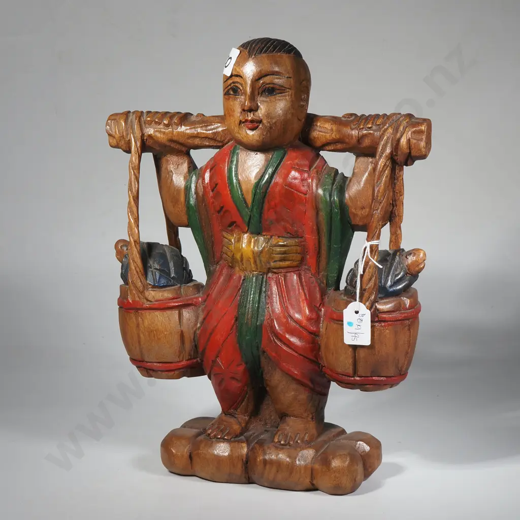 Vintage Wooden Figure Depicting a Asian Farmer Carrying Baskets of Fruit Image 1++