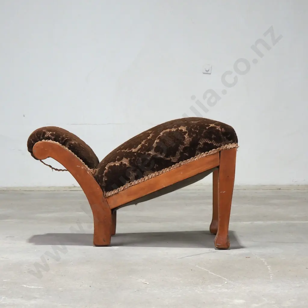 Vintage Wood-Framed Slipper Chair w Brown Damask Pattern Upholstery Image 1++