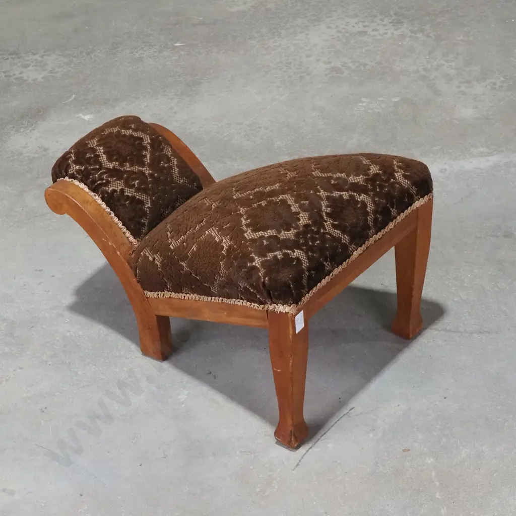 Vintage Wood-Framed Slipper Chair w Brown Damask Pattern Upholstery Image 1++