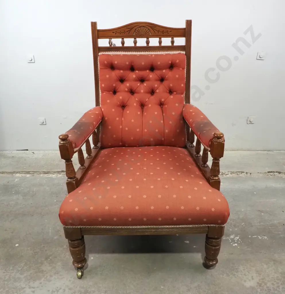 Edwardian Deep Buttoned Gents Armchair w Timber Frame & Spindle Gallery Image 1++