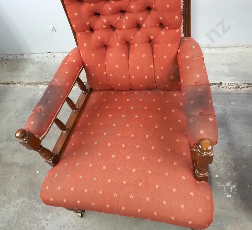 Edwardian Deep Buttoned Gents Armchair w Timber Frame & Spindle Gallery Image 1++