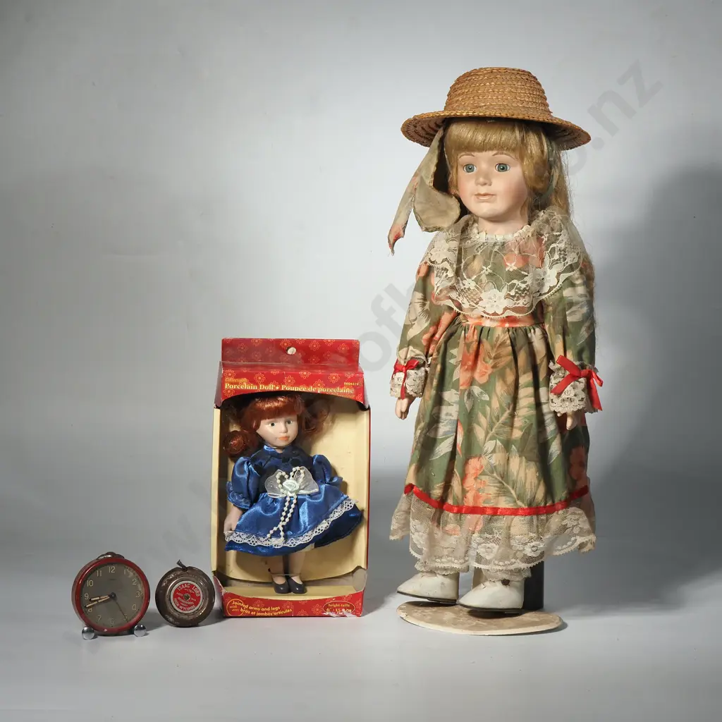 Assorted Lot - Clock, Tape Measure & Two Porcelain Dolls Image 1++