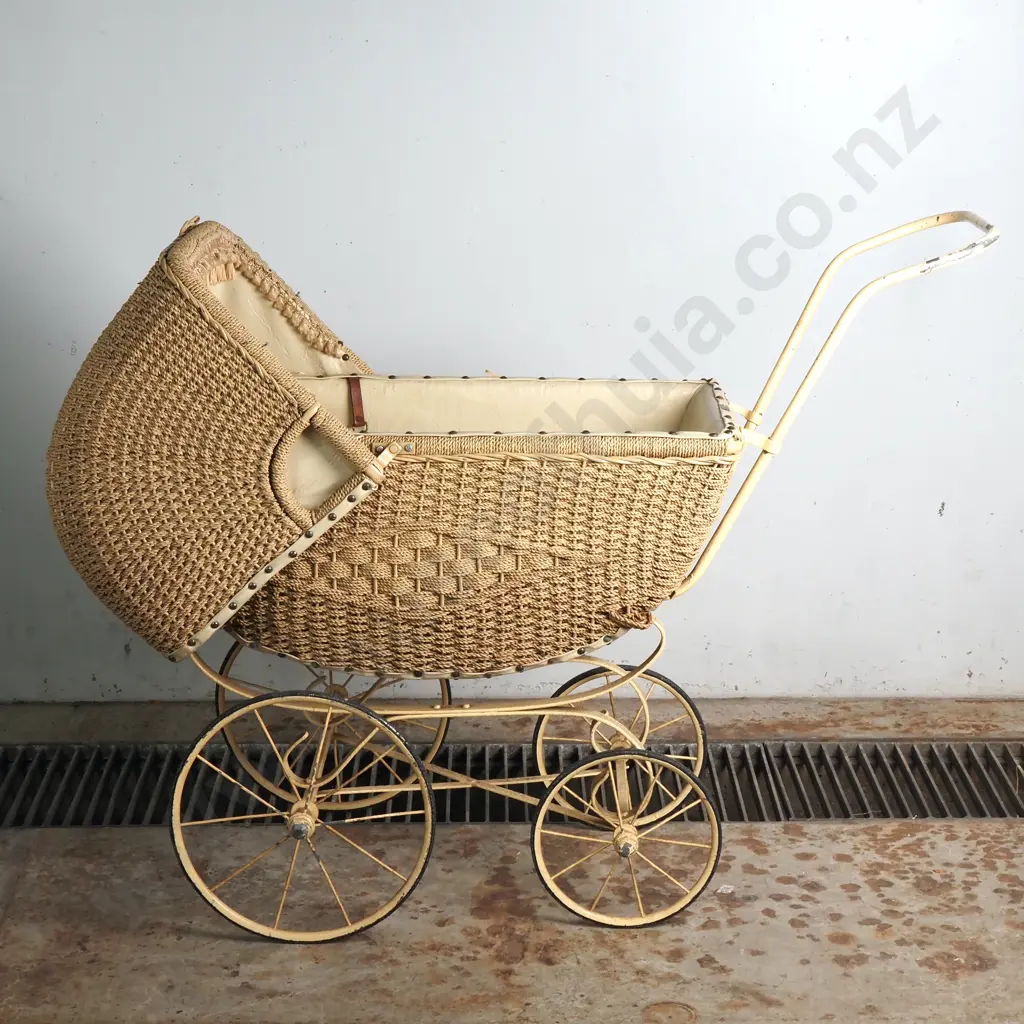 New Zealand Made Vintage Cane Baby's Pram w Metal Frame Image 1++