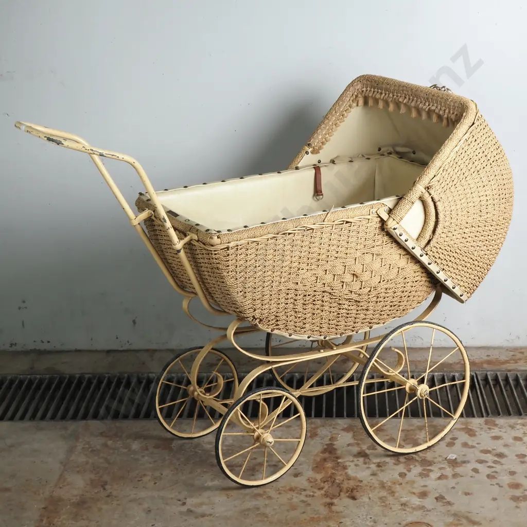 New Zealand Made Vintage Cane Baby's Pram w Metal Frame Image 1++