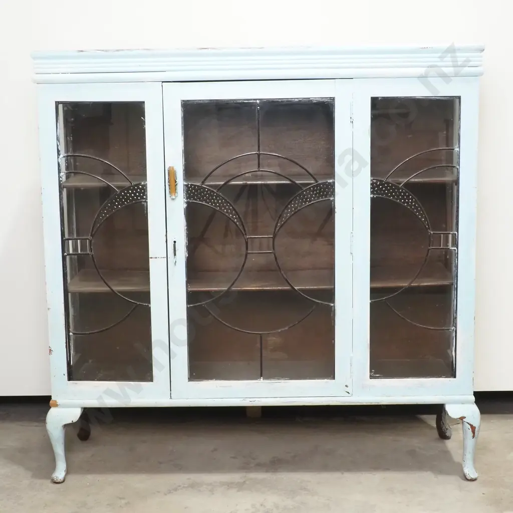 Vintage Art Deco Style Lead Light Display Cabinet, Painted Blue A/F Image 1++
