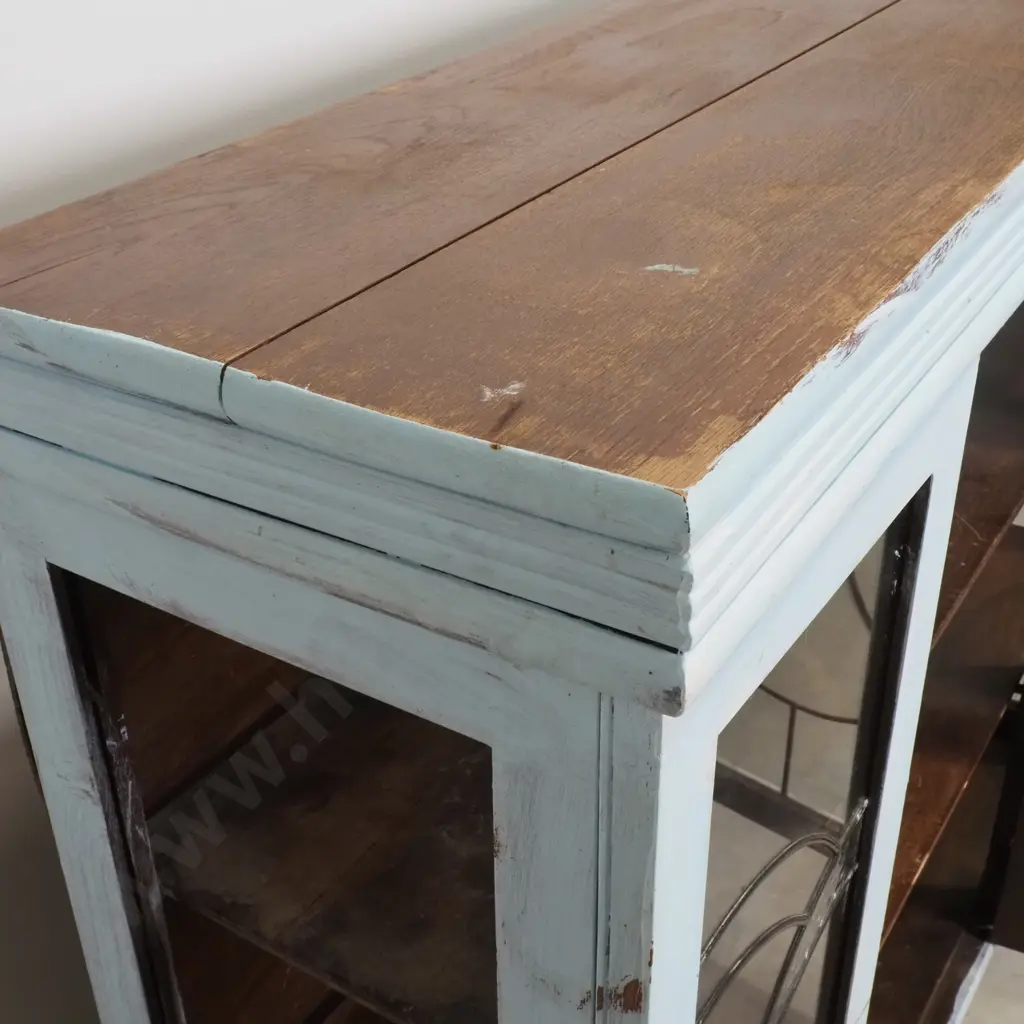 Vintage Art Deco Style Lead Light Display Cabinet, Painted Blue A/F Image 1++