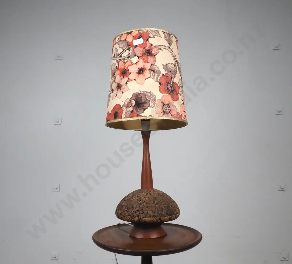 Mid-Century Modern Cork & Mahogany Table Lamp w Floral Shade.  Image 1++