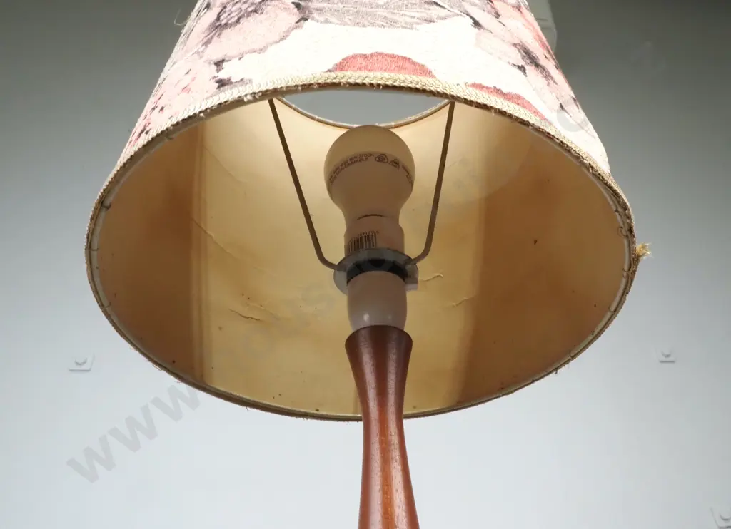 Mid-Century Modern Cork & Mahogany Table Lamp w Floral Shade.  Image 1++