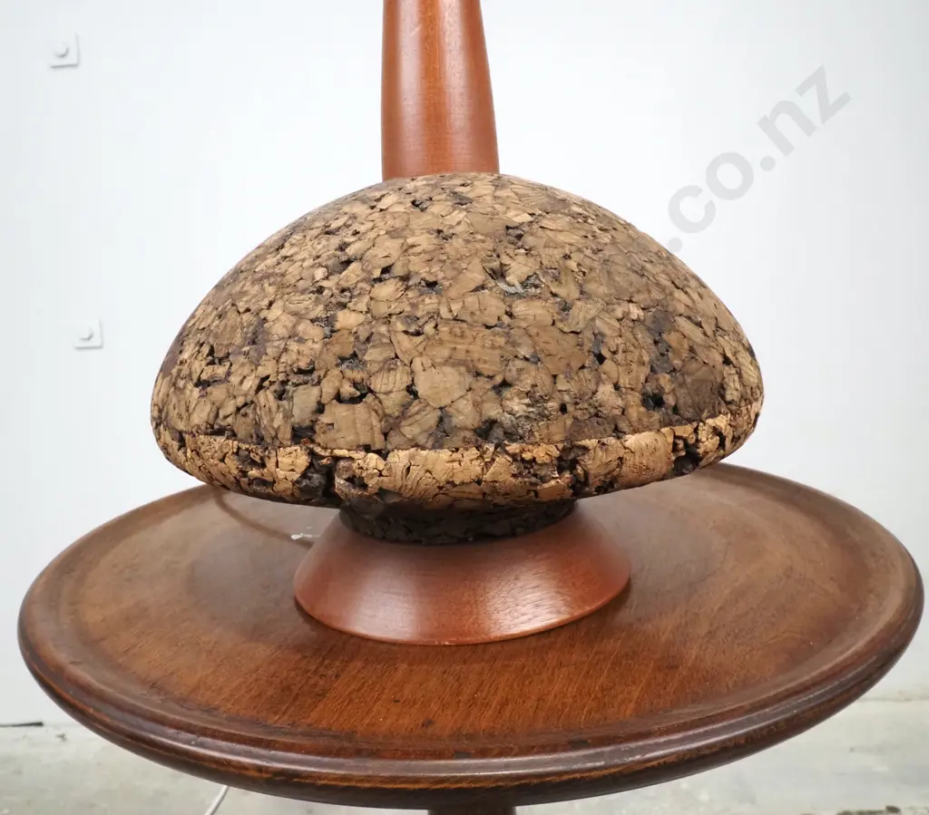 Mid-Century Modern Cork & Mahogany Table Lamp w Floral Shade.  Image 1++