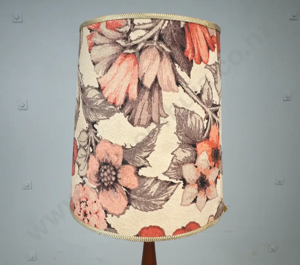 Mid-Century Modern Cork & Mahogany Table Lamp w Floral Shade.  Image 1++