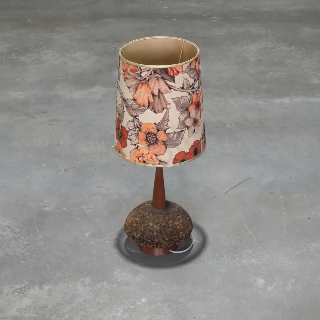 Mid-Century Modern Cork & Mahogany Table Lamp w Floral Shade.  Image 1++