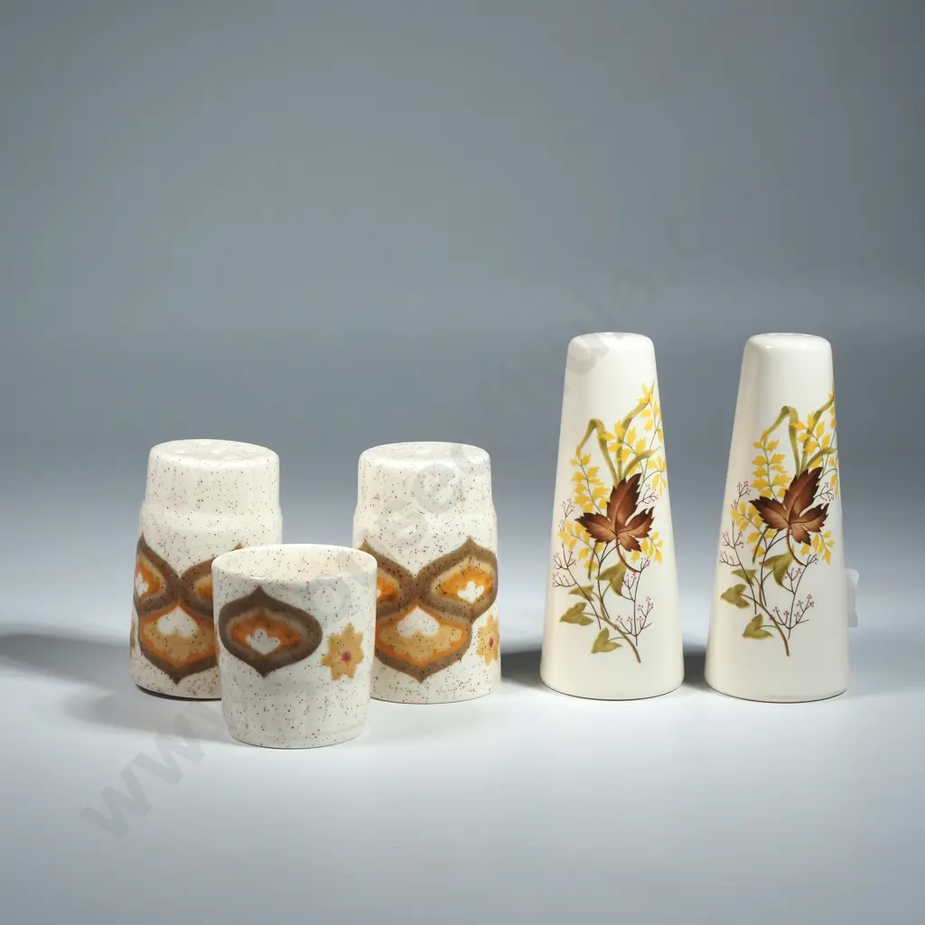 Pair Of Crown Lynn Salt & Pepper In The Autumn Pattern & A Salt & Pepper In Royal Worcester Palissy Ware w Eggcup Image 1++