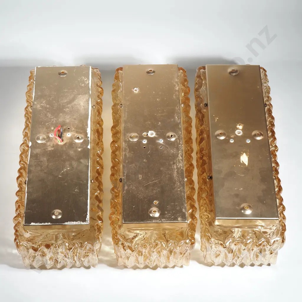 German Three Gold Tone Vintage Wave Textured Glass Wall Lights Image 1++