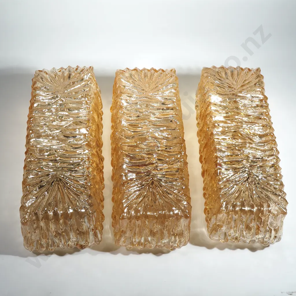 German Three Gold Tone Vintage Wave Textured Glass Wall Lights Image 1++