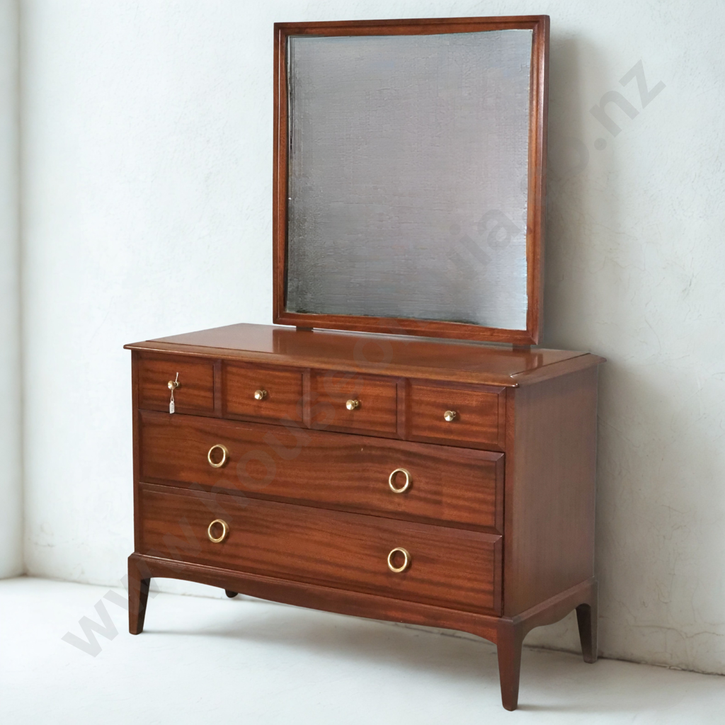 Mahogany Mid Century Modern Chest Of Four Drawers  w  Circular Brass Pulls Image 1++