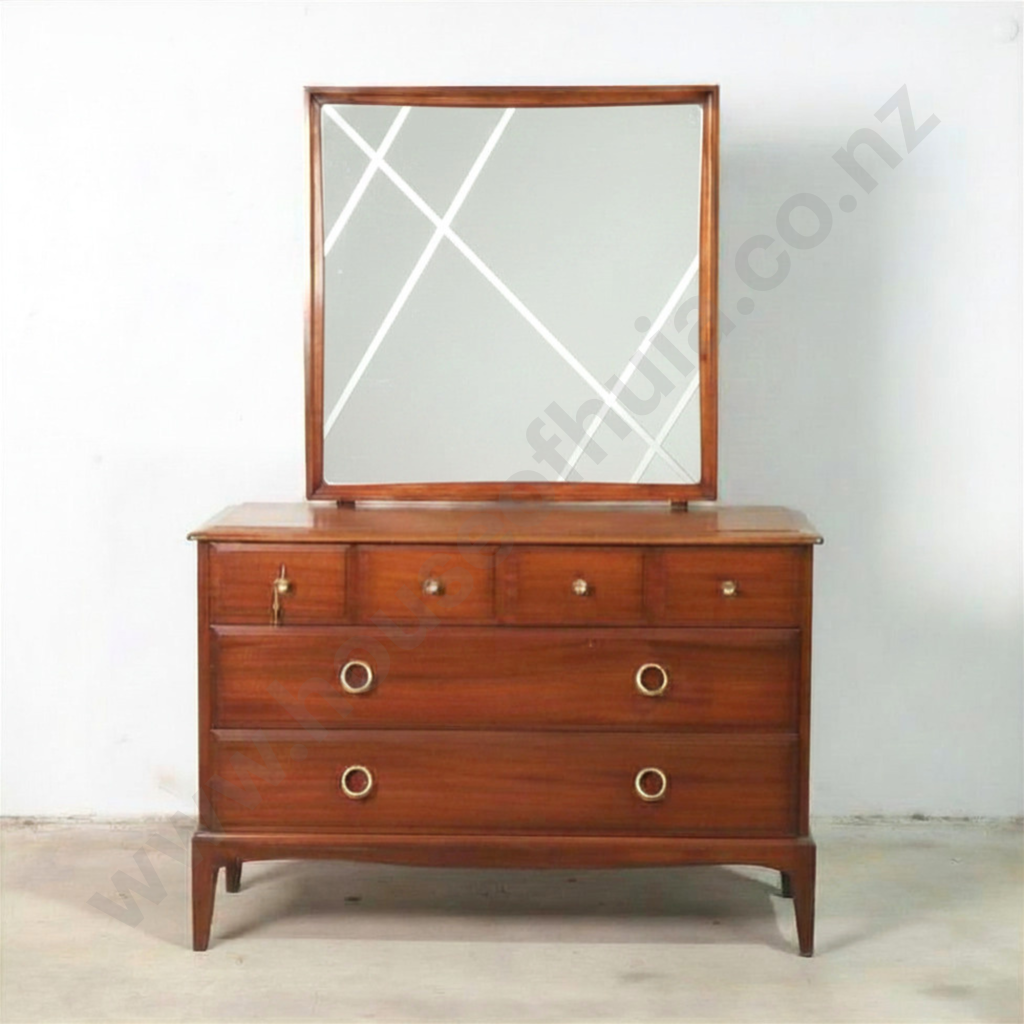 Mahogany Mid Century Modern Chest Of Four Drawers  w  Circular Brass Pulls Image 1++